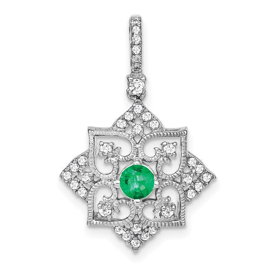 14k White Gold Emerald and Real Diamond Pendant