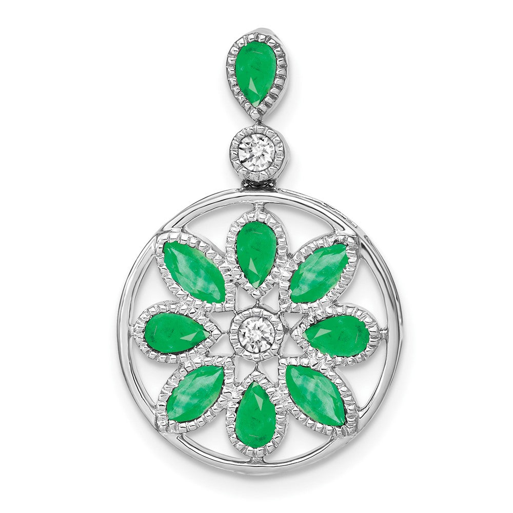 14k White Gold Emerald and Real Diamond Pendant