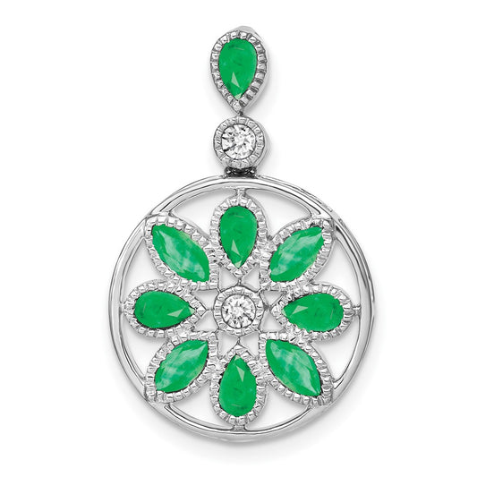 14k White Gold Emerald and Real Diamond Pendant
