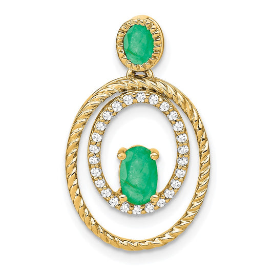 14K Yellow Gold Emerald and Real Diamond Oval Pendant
