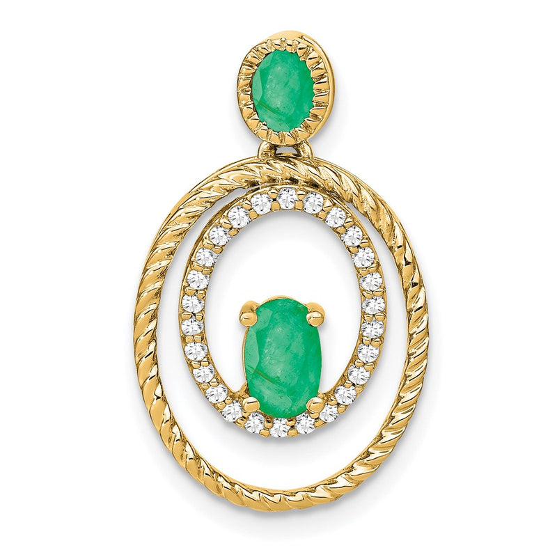 14K Yellow Gold Emerald and Real Diamond Oval Pendant