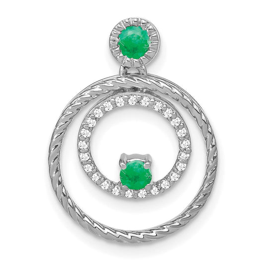 14k White Gold Emerald and Real Diamond Circles Pendant