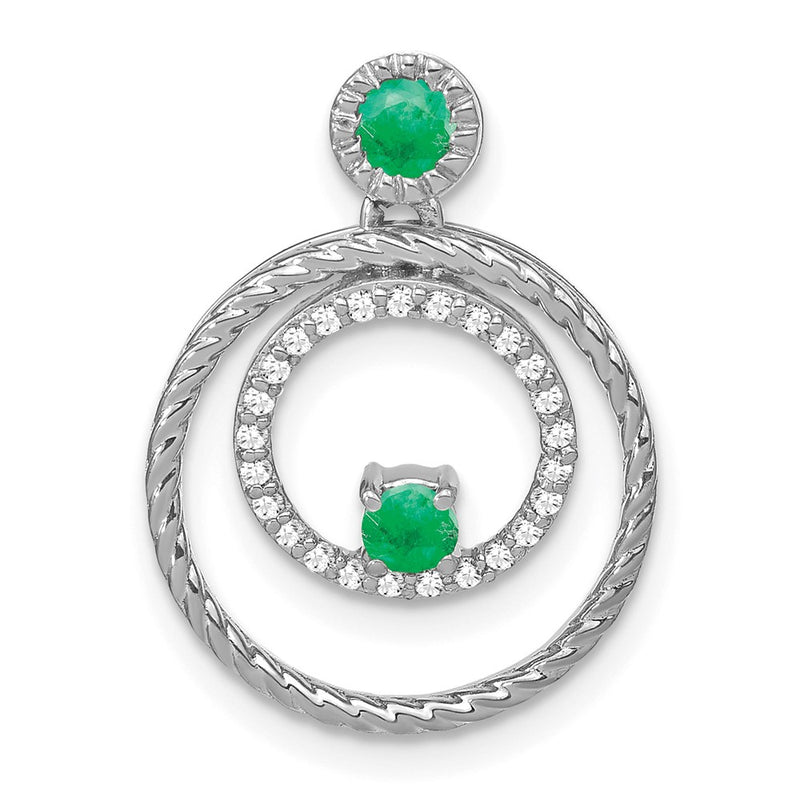 14k White Gold Emerald and Real Diamond Circles Pendant