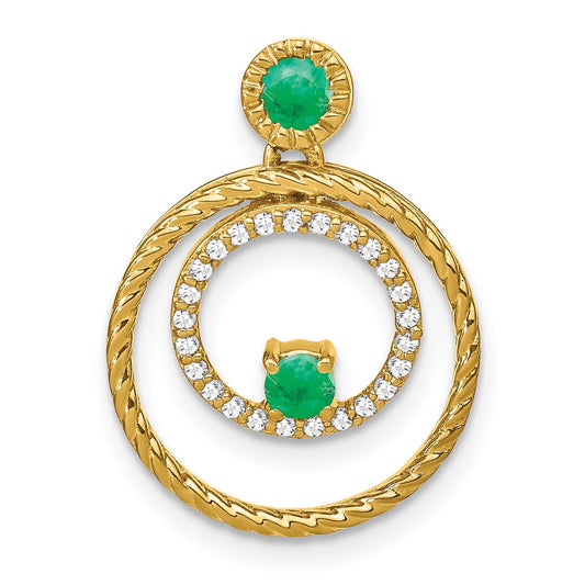 14K Yellow Gold Emerald and Real Diamond Circles Pendant