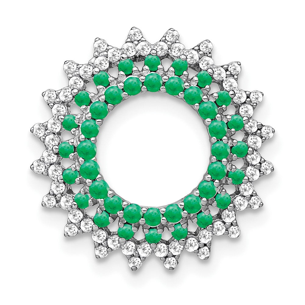 14k White Gold Emerald and Real Diamond Sunburst Chain Slide