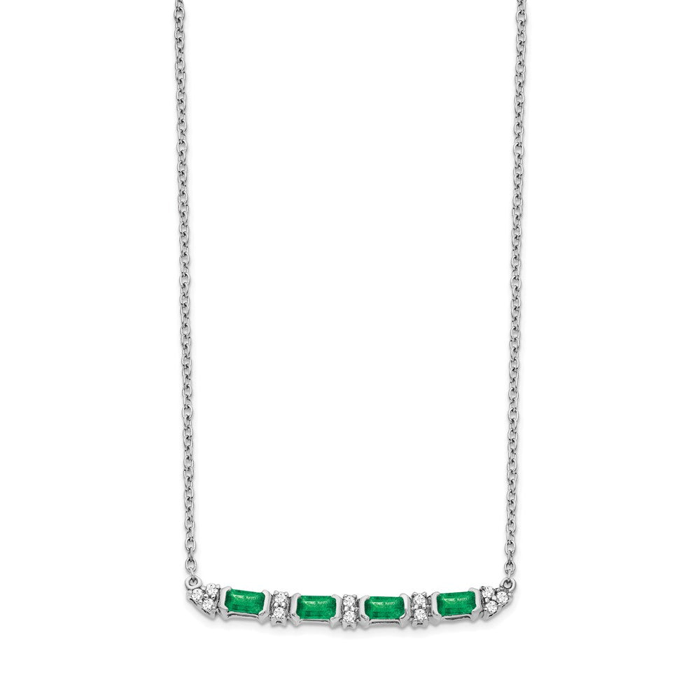 14k White Gold Emerald and Real Diamond 18in. Bar Necklace