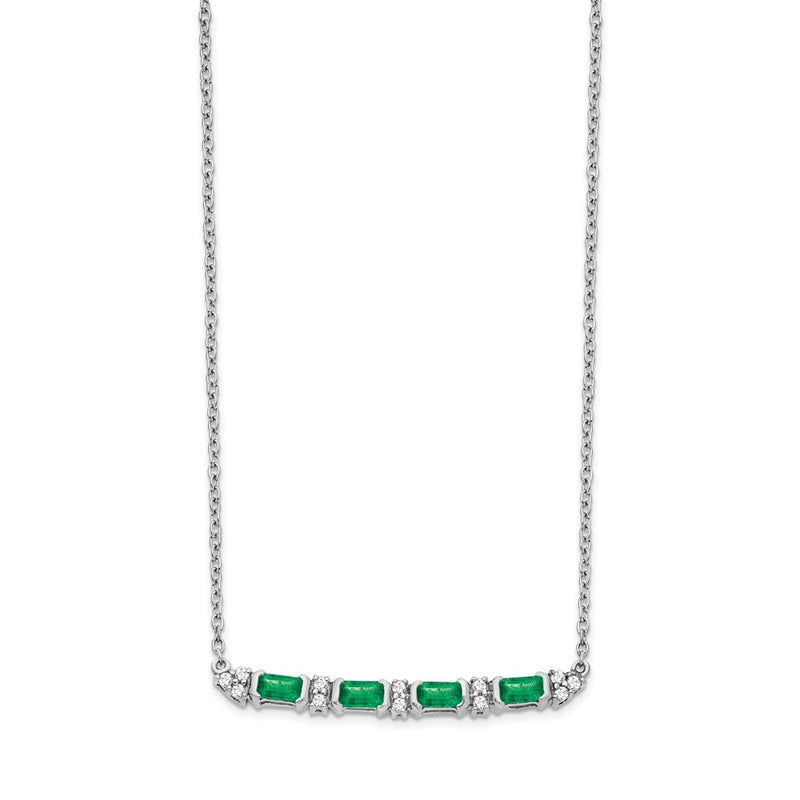14k White Gold Emerald and Real Diamond 18in. Bar Necklace