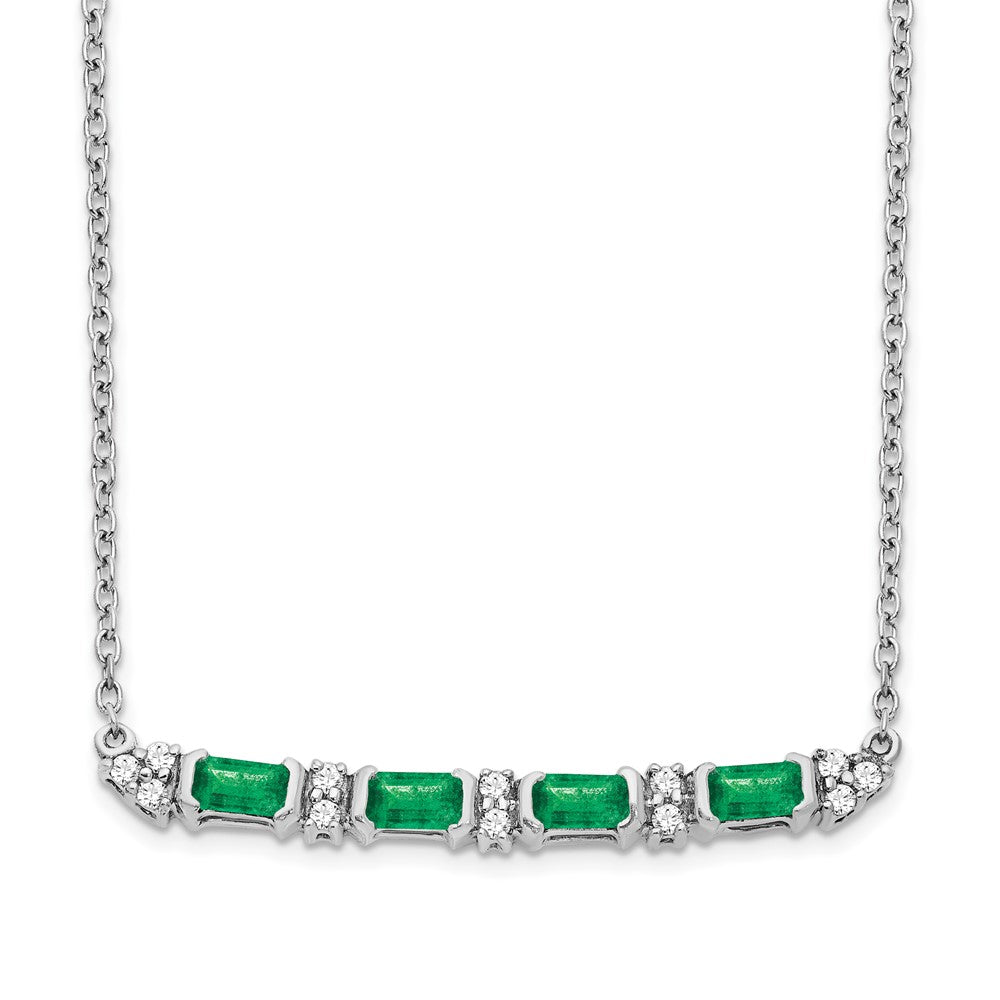 14k White Gold Emerald and Real Diamond 18in. Bar Necklace