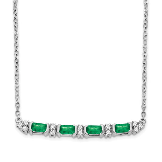14k White Gold Emerald and Real Diamond 18in. Bar Necklace