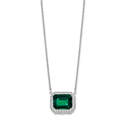 14k White Gold Octagon Created Emerald and Real Diamond 18in. Necklace