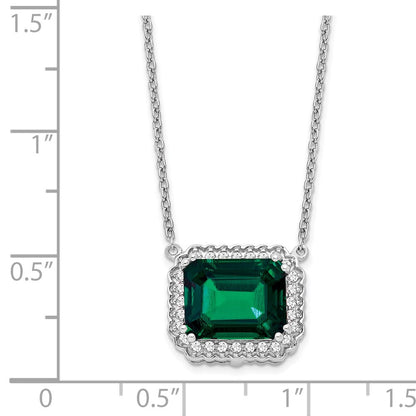 14k White Gold Octagon Created Emerald and Real Diamond 18in. Necklace
