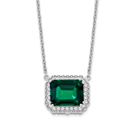 14k White Gold Octagon Created Emerald and Real Diamond 18in. Necklace