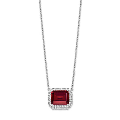 14k White Gold Octagon Created Ruby and Real Diamond 18in. Necklace