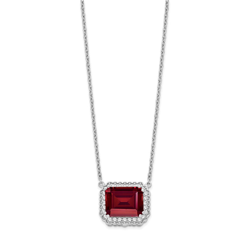 14k White Gold Octagon Created Ruby and Real Diamond 18in. Necklace