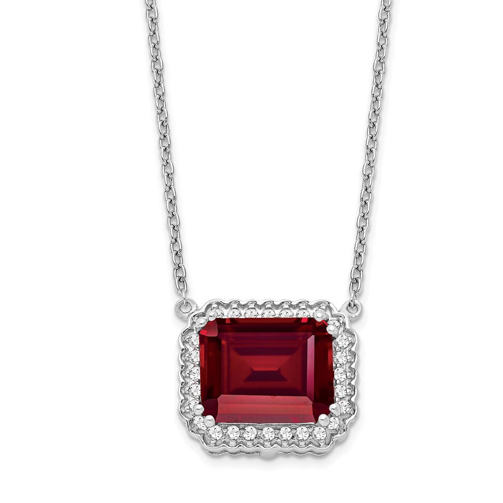 14k White Gold Octagon Created Ruby and Real Diamond 18in. Necklace