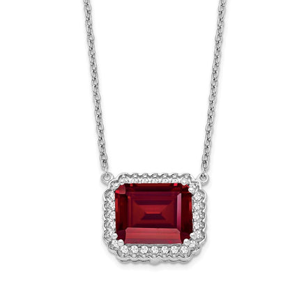 14k White Gold Octagon Created Ruby and Real Diamond 18in. Necklace