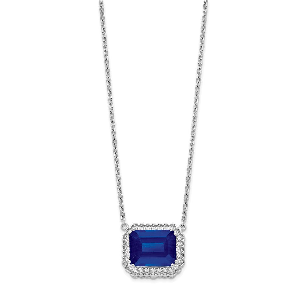 14k White Gold Octagon Created Sapphire and Real Diamond 18in. Necklace