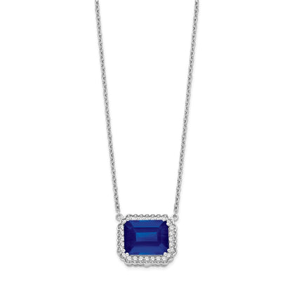 14k White Gold Octagon Created Sapphire and Real Diamond 18in. Necklace