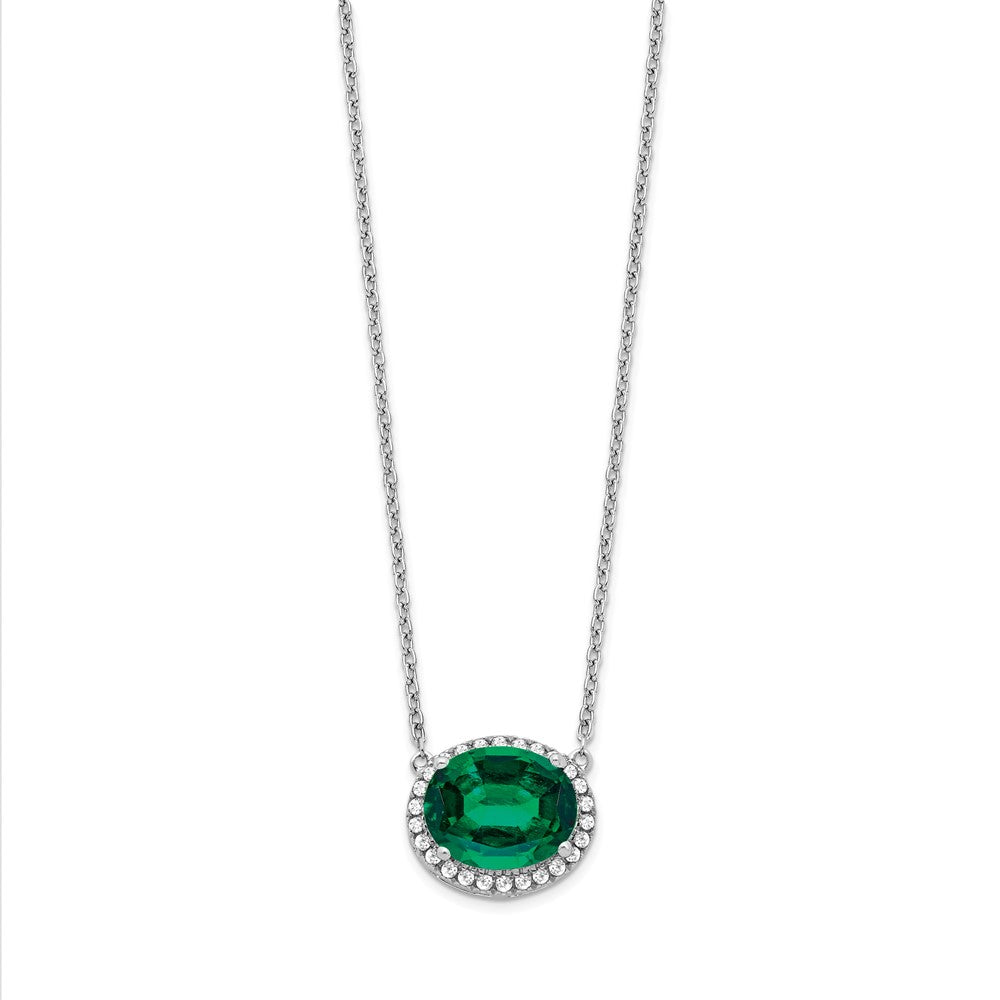 14k White Gold Oval Created Emerald/Real Diamond 18in. Halo Necklace