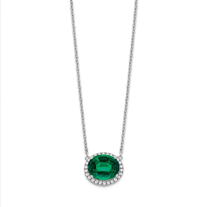14k White Gold Oval Created Emerald/Real Diamond 18in. Halo Necklace