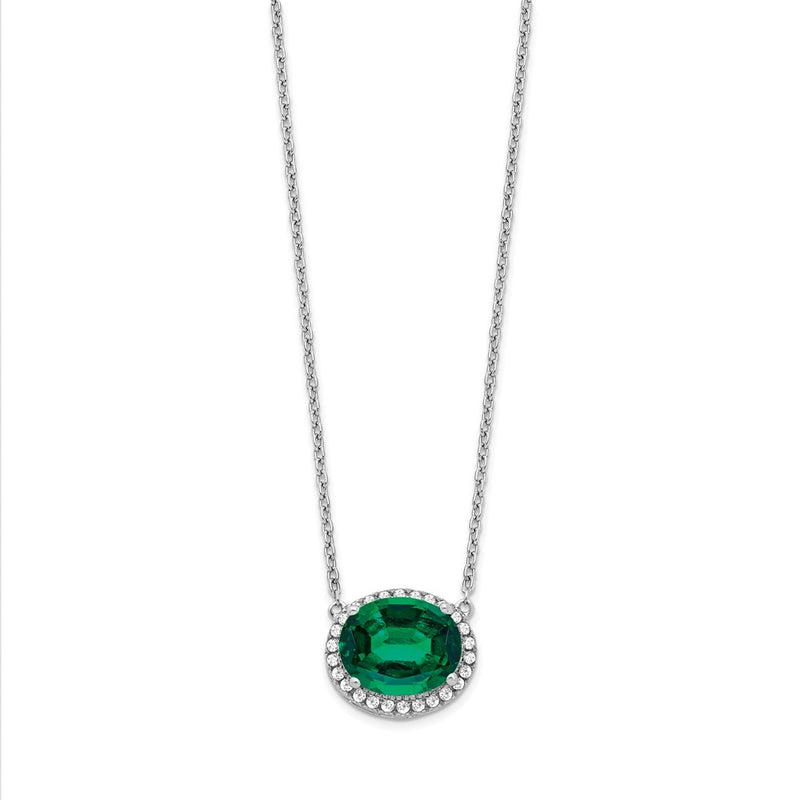 14k White Gold Oval Created Emerald/Real Diamond 18in. Halo Necklace