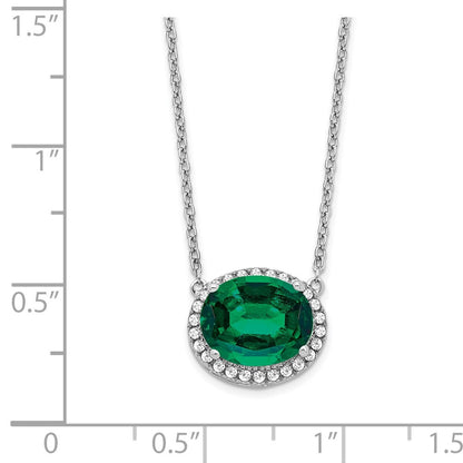 14k White Gold Oval Created Emerald/Real Diamond 18in. Halo Necklace