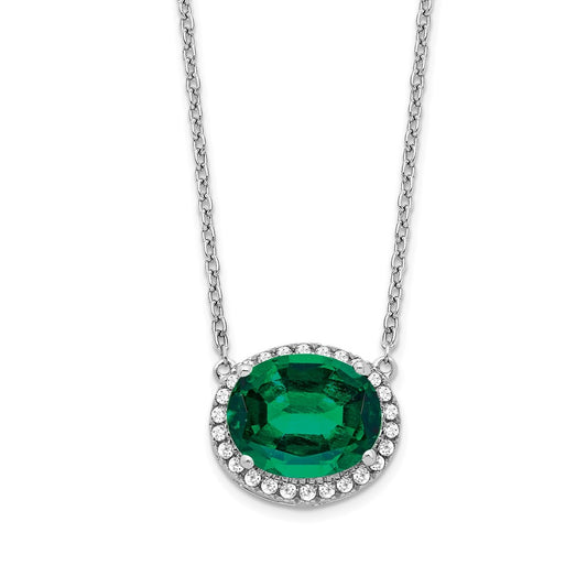 14k White Gold Oval Created Emerald/Real Diamond 18in. Halo Necklace