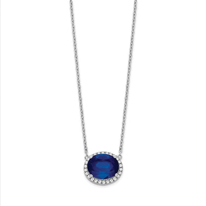 14k White Gold Oval Created Sapphire/Real Diamond 18in. Halo Necklace