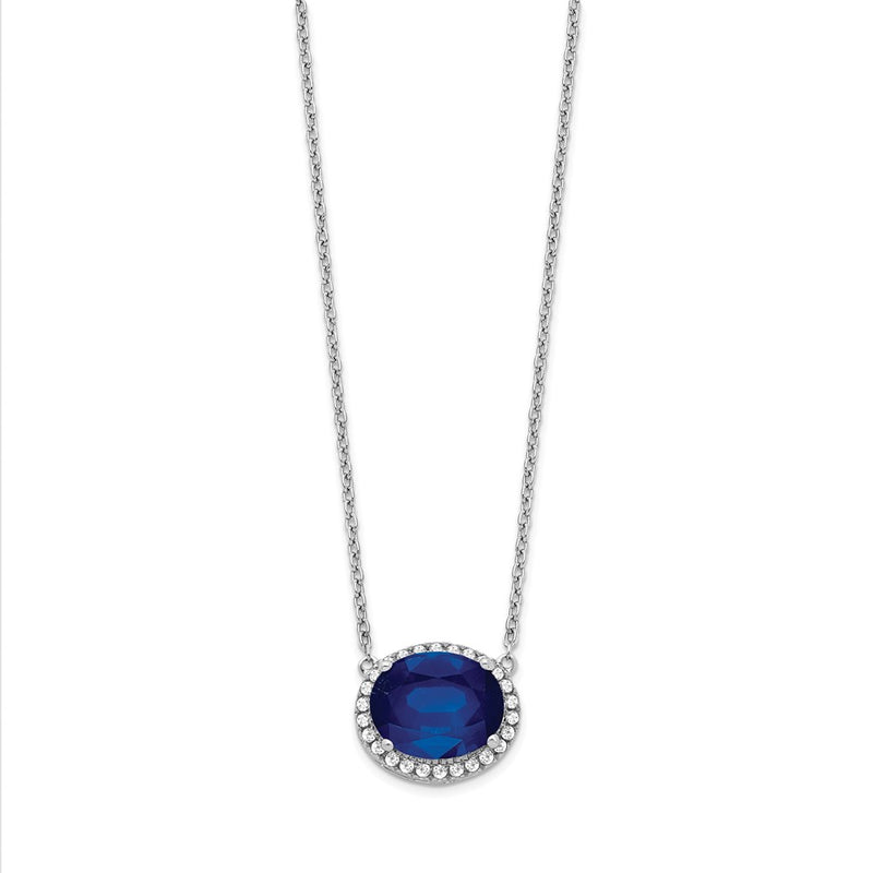 14k White Gold Oval Created Sapphire/Real Diamond 18in. Halo Necklace