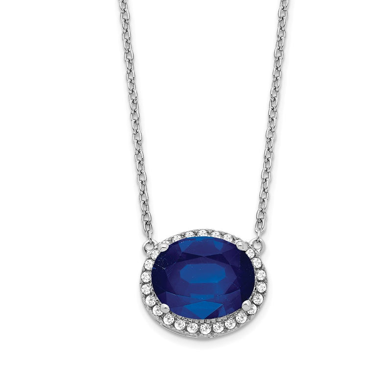 14k White Gold Oval Created Sapphire/Real Diamond 18in. Halo Necklace