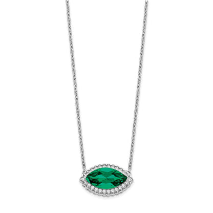 14k White Gold Marquise Creat. Emerald/Real Diamond 18in. Halo Necklace