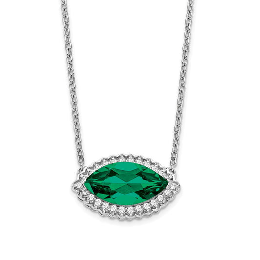 14k White Gold Marquise Creat. Emerald/Real Diamond 18in. Halo Necklace
