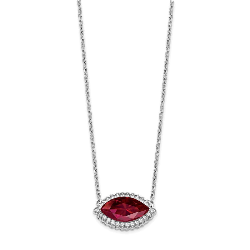 14k White Gold Marquise Created Ruby/Real Diamond 18in. Halo Necklace