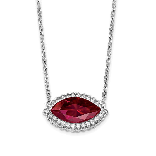 14k White Gold Marquise Created Ruby/Real Diamond 18in. Halo Necklace