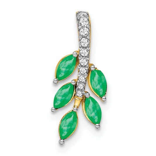 14K Yellow Gold Emerald and Real Diamond Leaf Pendant