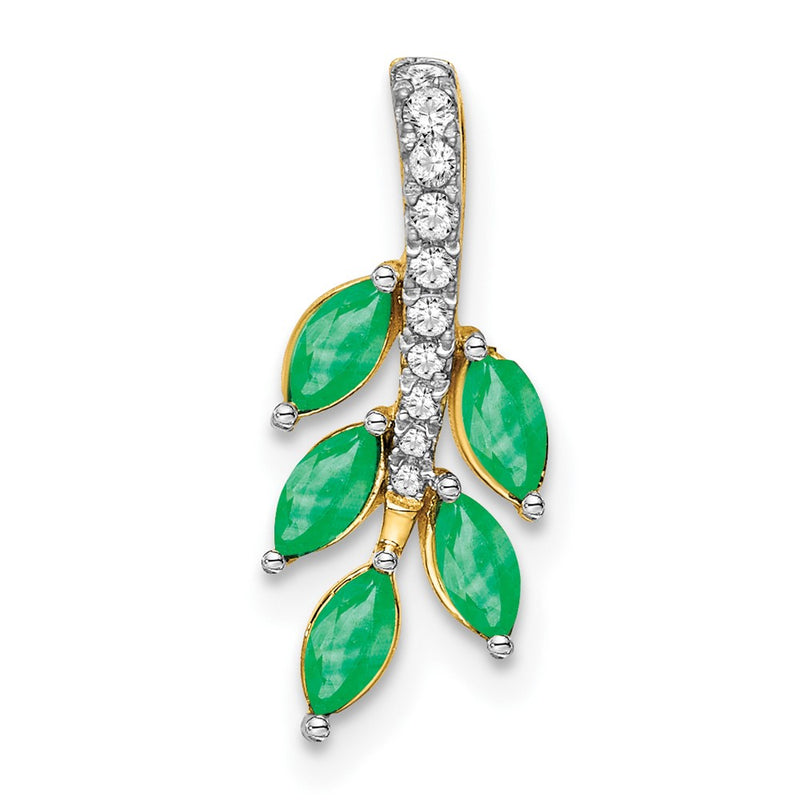14K Yellow Gold Emerald and Real Diamond Leaf Pendant
