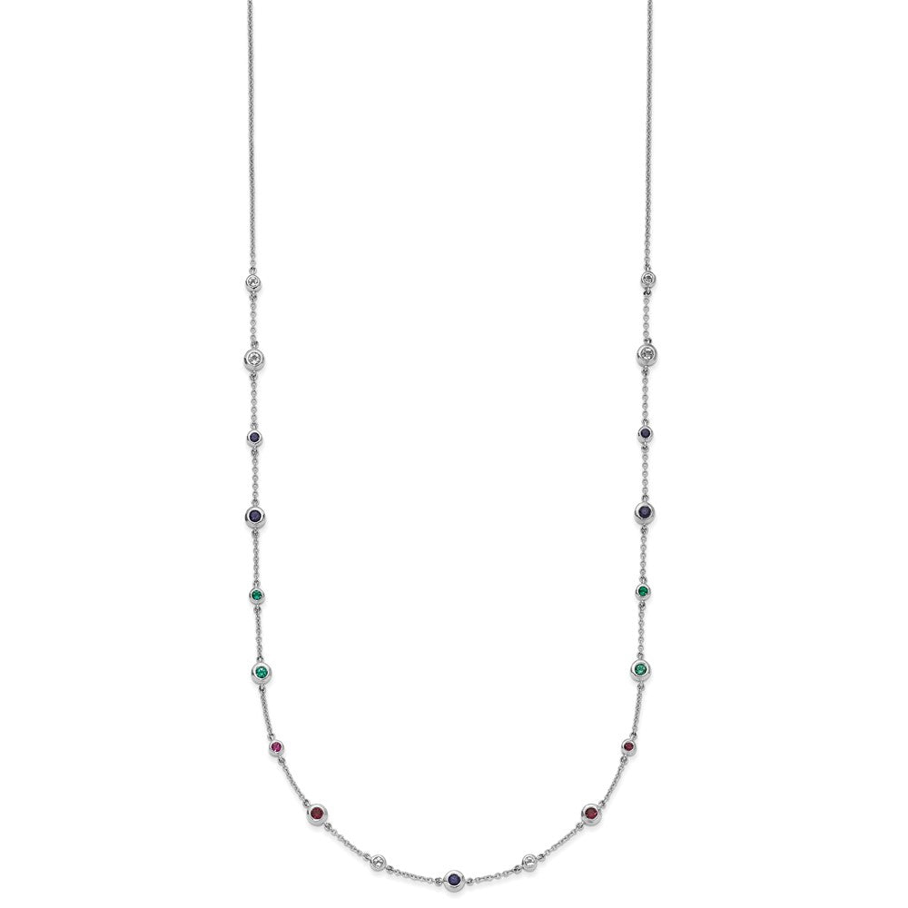 14k White Gold Ruby/Sapph/Emerald/Wht. Topaz 18in. Station Necklace