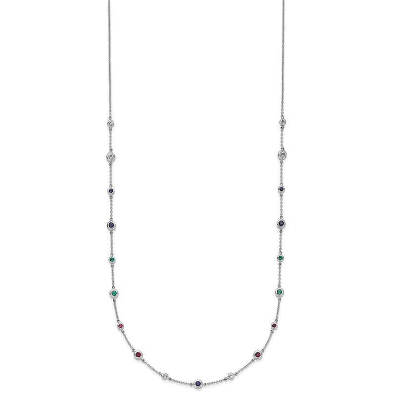 14k White Gold Ruby/Sapph/Emerald/Wht. Topaz 18in. Station Necklace