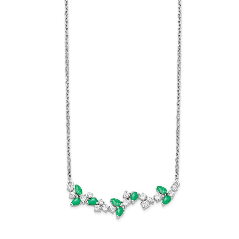 14k White Gold Emerald and Real Diamond 18in. Floral Bar Necklace