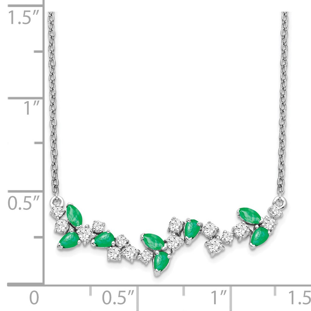 14k White Gold Emerald and Real Diamond 18in. Floral Bar Necklace