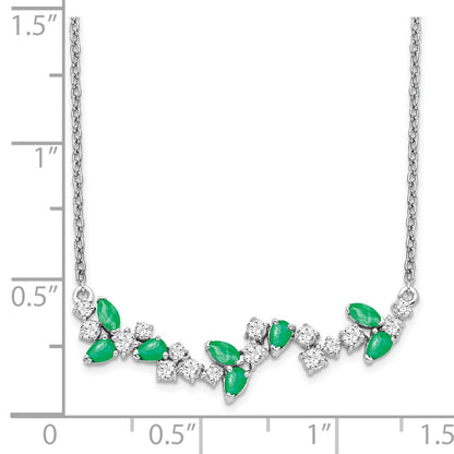 14k White Gold Emerald and Real Diamond 18in. Floral Bar Necklace