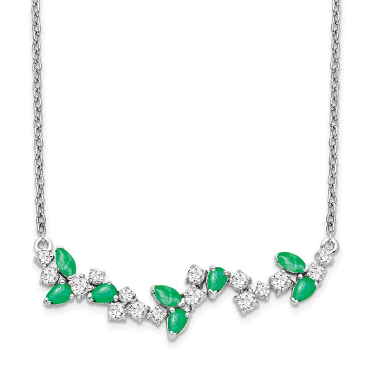 14k White Gold Emerald and Real Diamond 18in. Floral Bar Necklace