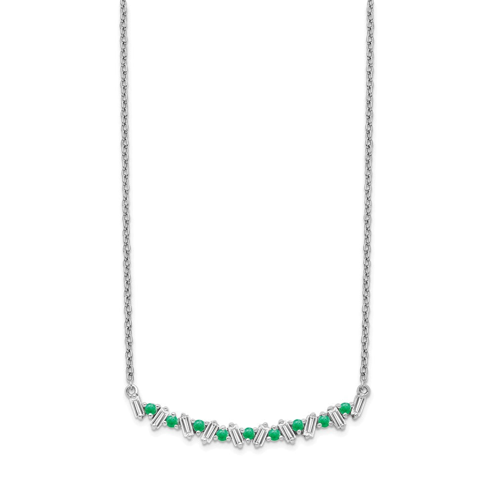 14k White Gold Emerald and Real Diamond 18in. Bar Necklace