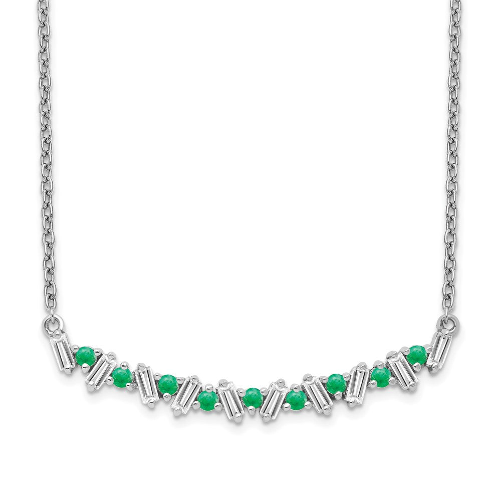 14k White Gold Emerald and Real Diamond 18in. Bar Necklace
