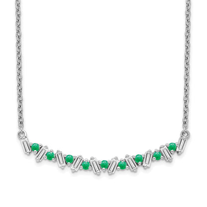 14k White Gold Emerald and Real Diamond 18in. Bar Necklace