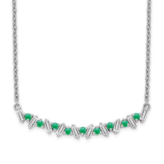14k White Gold Emerald and Real Diamond 18in. Bar Necklace