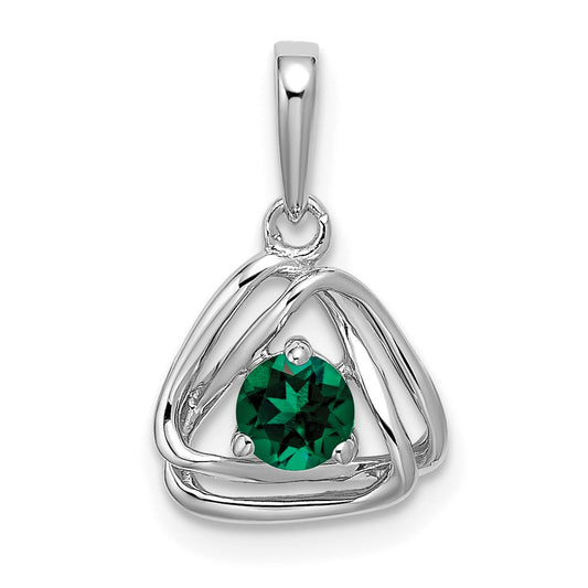 14k White Gold Created Emerald Triangle Pendant