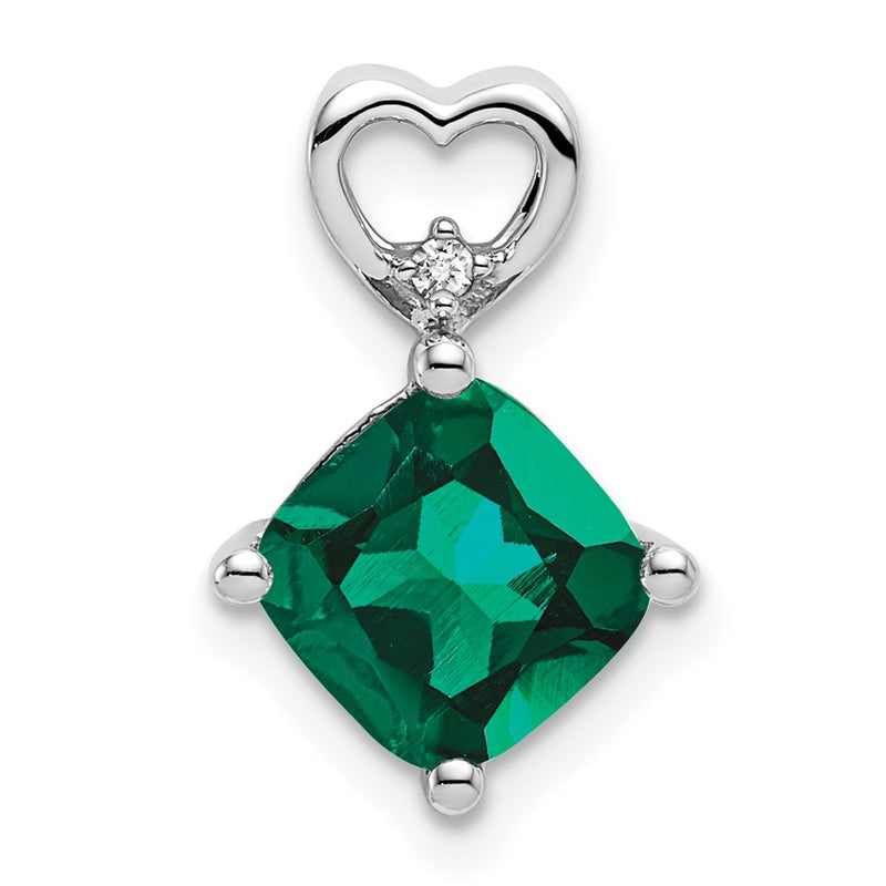 14k White Gold Created Emerald and Real Diamond Heart Chain Slide