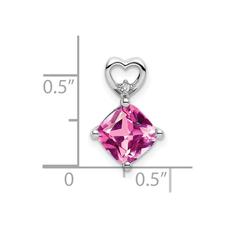 14k White Gold Created Pink Sapphire and Real Diamond Heart Chain Slide