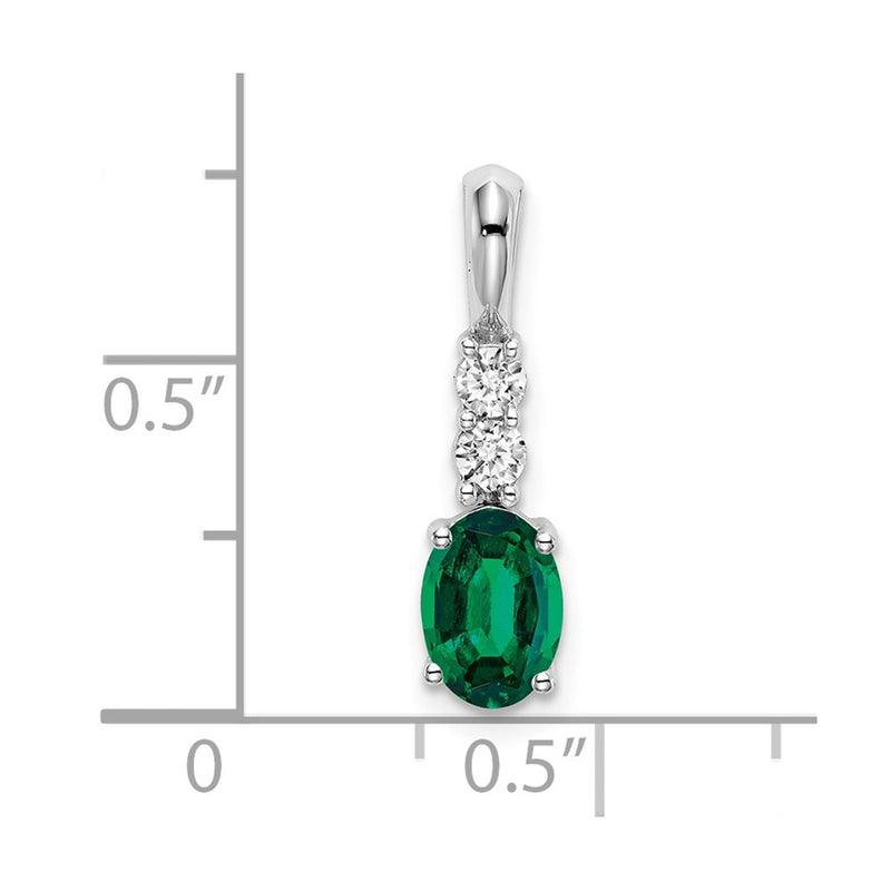 14k White Gold Oval Created Emerald and Real Diamond Pendant